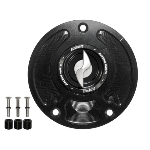Tank filler cap for Kawasaki motorbikes with quick release machined from billet aluminium, Accossato brand code FC143