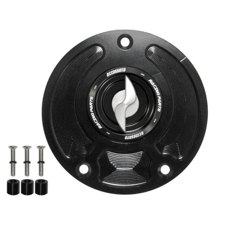 Tank filler cap for Kawasaki motorbikes with quick release machined from billet aluminium, Accossato brand code FC143