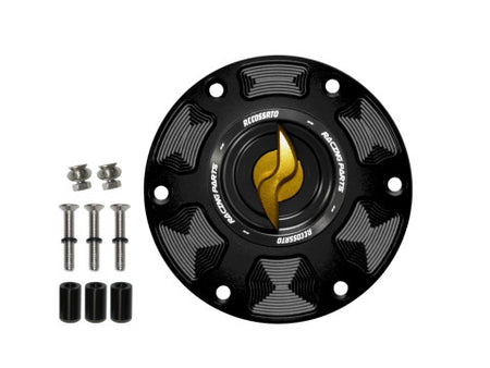 Tank filler cap for Aprilia motorbikes with quick release machined from billet aluminium, Accossato brand code FC101