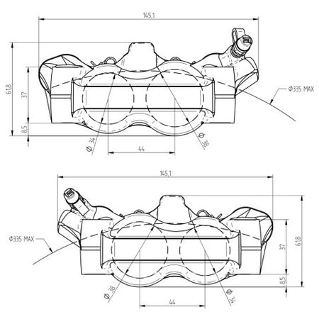 Accossato Radial Brake Caliper Forged Monoblock 100 mm distance With Pistons in Aluminium
