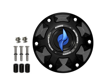 Tank filler cap for Aprilia motorbikes with quick release machined from billet aluminium, Accossato brand code FC101
