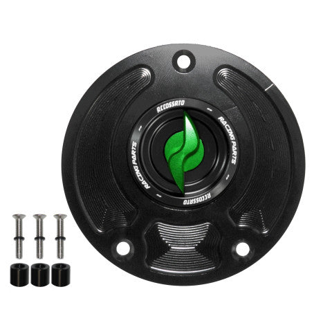 Tank filler cap for Kawasaki motorbikes with quick release machined from billet aluminium, Accossato brand code FC143