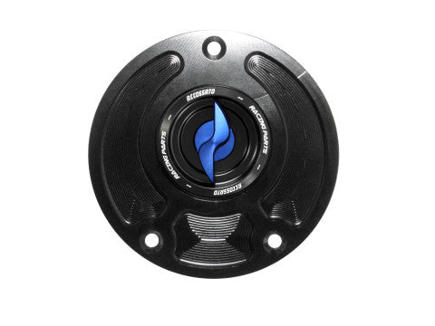 Tank filler cap for Kawasaki motorbikes with quick release machined from billet aluminium, Accossato brand code FC113