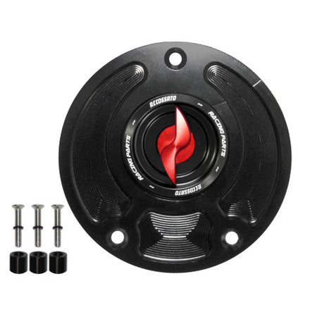 Tank filler cap for Kawasaki motorbikes with quick release machined from billet aluminium, Accossato brand code FC143