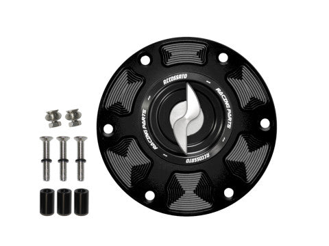 Tank filler cap for Aprilia motorbikes with quick release machined from billet aluminium, Accossato brand code FC101