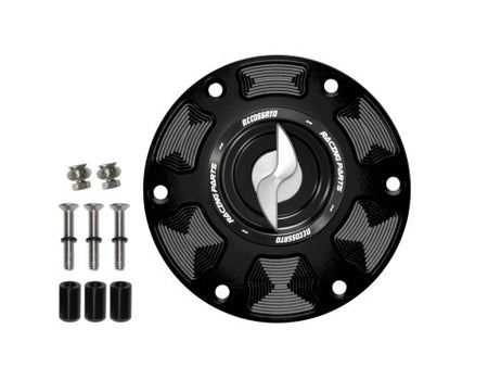 Tank filler cap for Aprilia motorbikes with quick release machined from billet aluminium, Accossato brand code FC101