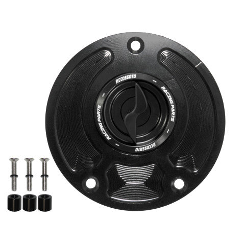 Tank filler cap for Kawasaki motorbikes with quick release machined from billet aluminium, Accossato brand code FC143
