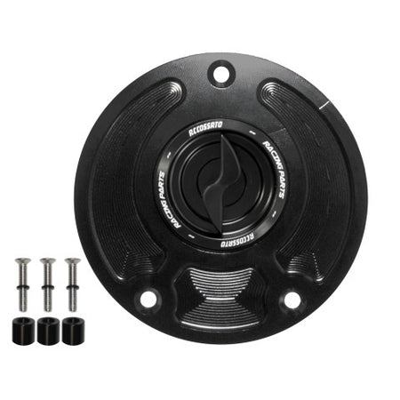 Tank filler cap for Kawasaki motorbikes with quick release machined from billet aluminium, Accossato brand code FC143