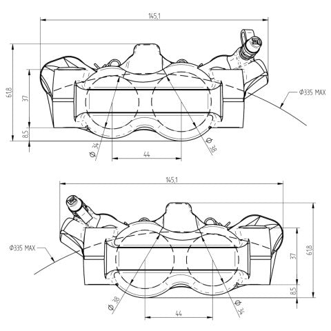 Accossato Radial Brake Caliper Forged Monoblock 100 mm distance With Pistons in Aluminium