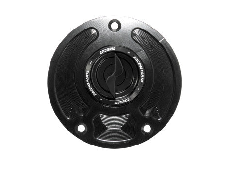 Tank filler cap for Kawasaki motorbikes with quick release machined from billet aluminium, Accossato brand code FC113