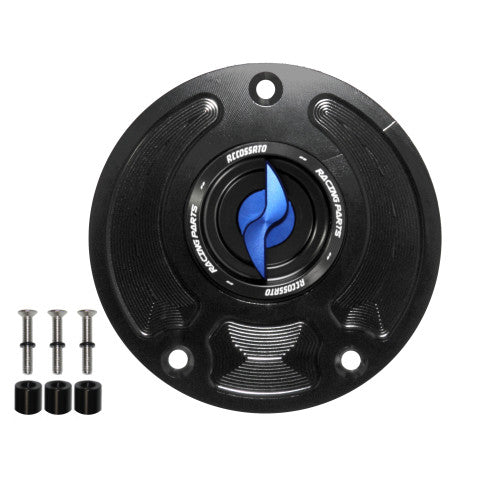 Tank filler cap for Kawasaki motorbikes with quick release machined from billet aluminium, Accossato brand code FC143