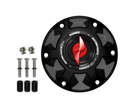 Tank filler cap for Aprilia motorbikes with quick release machined from billet aluminium, Accossato brand code FC101