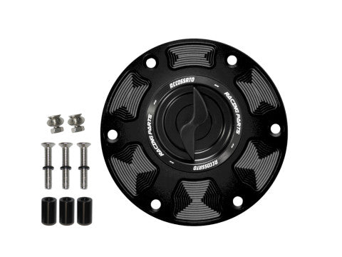 Tank filler cap for Aprilia motorbikes with quick release machined from billet aluminium, Accossato brand code FC101