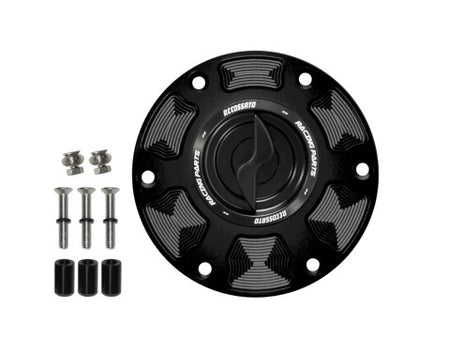 Tank filler cap for Aprilia motorbikes with quick release machined from billet aluminium, Accossato brand code FC101