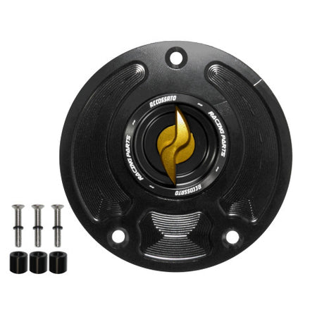 Tank filler cap for Kawasaki motorbikes with quick release machined from billet aluminium, Accossato brand code FC143