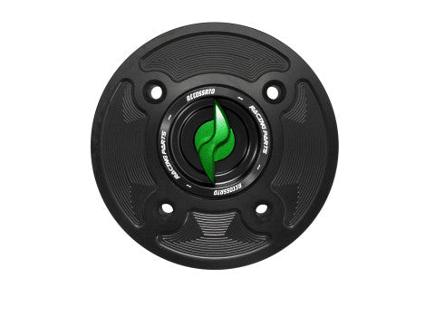 Tank filler cap for Kawasaki motorbikes with quick release machined from billet aluminium, Accossato brand code FC126