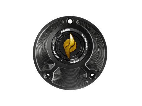 Tank filler cap for Yamaha motorbikes with quick release machined from billet aluminium, Accossato brand code FC124